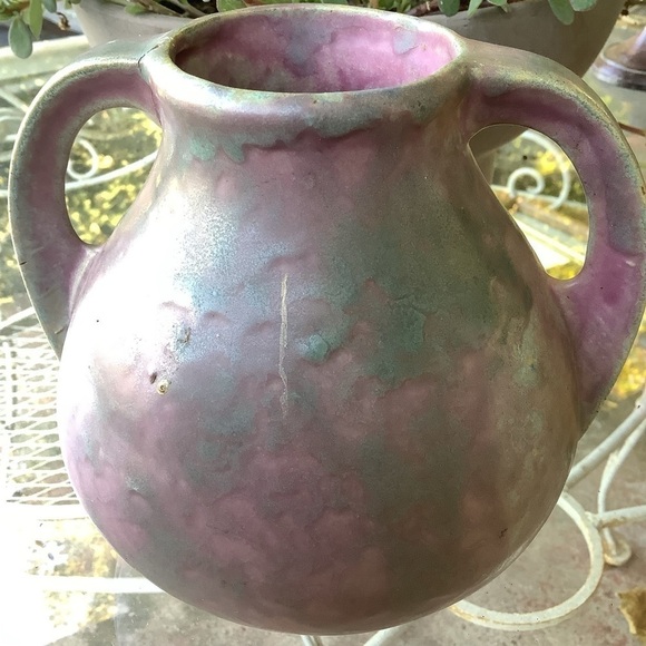 Vintage Greenish Gray Pink Glazed Two Handle Pottery Vase - Picture 4 of 8